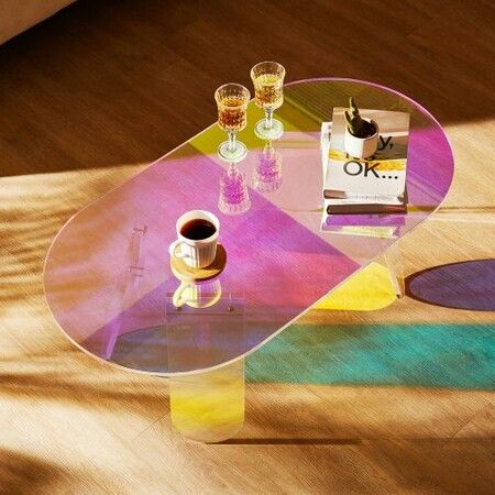 Acrylic Coffee Table, Iridescent Acrylic End Table, 13.8 inch high Colorful Acrylic Side Table, for Coffee, Drink, Food, Snack used in Living Room, Courtyard, Terrace