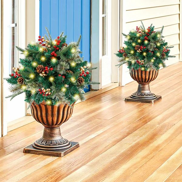 Lighted Artificial Christmas Urn Filler,Pre-lit Xmas Pine Trees with Cones,Golden & Red Berries,Tripod Stake and 60 LED Lights,Outdoor Light Up Planter Filler Holiday Home Decor,2 Pack