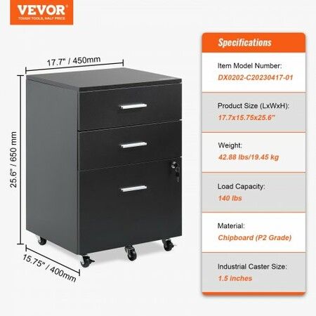 3-Drawer Wood File Cabinet, under Desk File Cabinet for Letter/A4 Size, Mobile Filing Cabinet Printer Stand with Lock and Hanging Rail for Home Office, Black