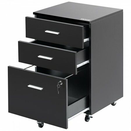 3-Drawer Wood File Cabinet, under Desk File Cabinet for Letter/A4 Size, Mobile Filing Cabinet Printer Stand with Lock and Hanging Rail for Home Office, Black