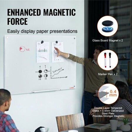 Magnetic Glass Whiteboard, Dry Erase Board 48"x32", Wall-Mounted Large White Glassboard Frameless, with Marker Tray, an Eraser and 2 Markers, White