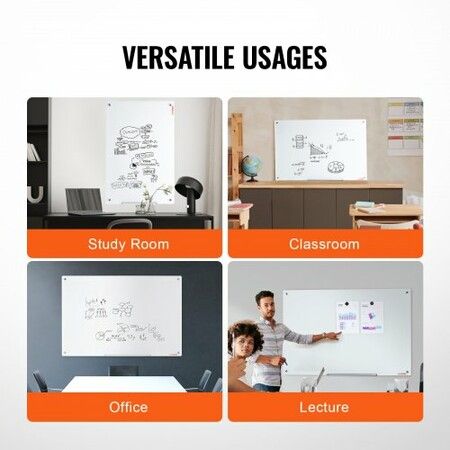 Magnetic Glass Whiteboard, Dry Erase Board 48"x32", Wall-Mounted Large White Glassboard Frameless, with Marker Tray, an Eraser and 2 Markers, White