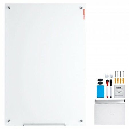 Magnetic Glass Whiteboard, Dry Erase Board 48"x32", Wall-Mounted Large White Glassboard Frameless, with Marker Tray, an Eraser and 2 Markers, White