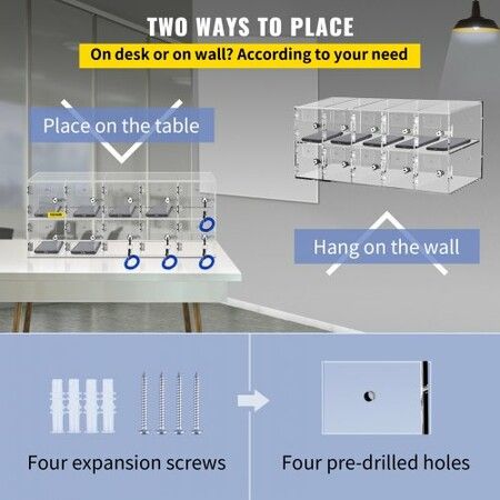 Cell Phone Storage Locker, 10 Slots Acrylic Material with Door Locks and Keys, Wall-Mounted Cabinet Pocket Office Classroom Gym Box, Clear