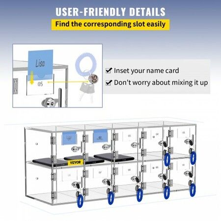 Cell Phone Storage Locker, 10 Slots Acrylic Material with Door Locks and Keys, Wall-Mounted Cabinet Pocket Office Classroom Gym Box, Clear