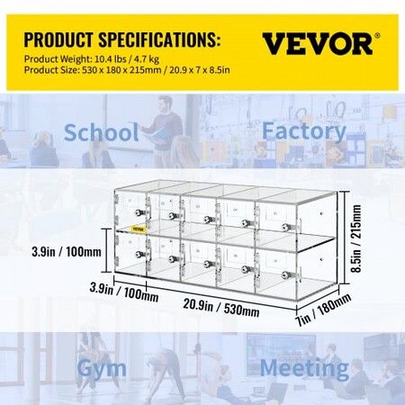 Cell Phone Storage Locker, 10 Slots Acrylic Material with Door Locks and Keys, Wall-Mounted Cabinet Pocket Office Classroom Gym Box, Clear