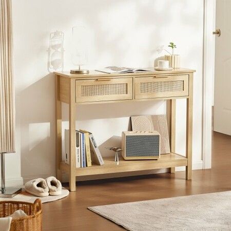 Rattan Console Table with 2 Storage Drawers Rattan Sliding Door Natural