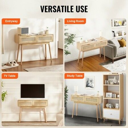 Rattan Console Table with 2 Storage Drawers Rattan Sliding Door Natural