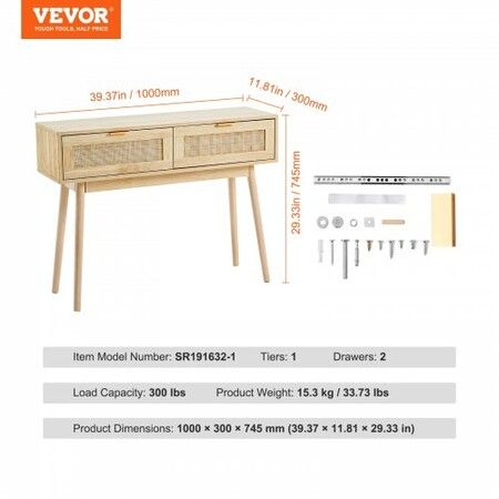 Rattan Console Table with 2 Storage Drawers Rattan Sliding Door Natural