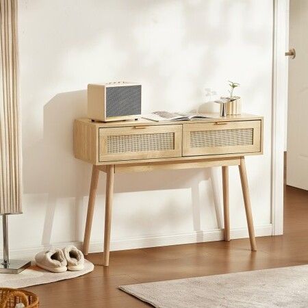 Rattan Console Table with 2 Storage Drawers Rattan Sliding Door Natural