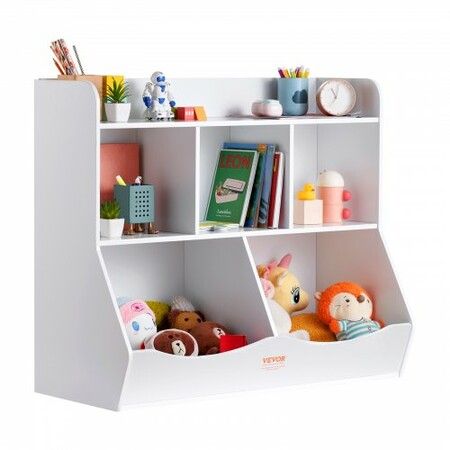 Wood Kid Storage Cubby, Toy Storage Organizer with Bookshelf, 5-Cubby Wood Toy Storage Cabinet, Children Book Toy Shelf for Kids Room, Playroom, Kindergarten, Nursery, White