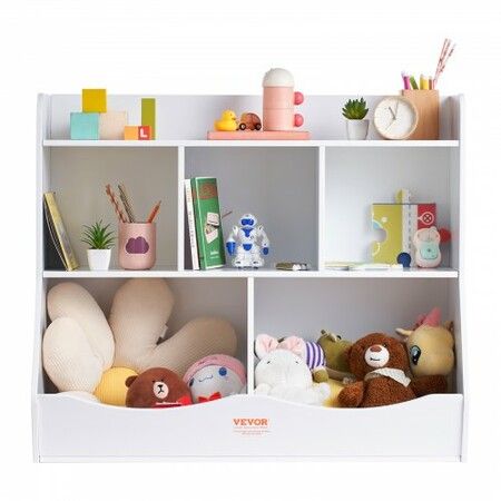 Wood Kid Storage Cubby, Toy Storage Organizer with Bookshelf, 5-Cubby Wood Toy Storage Cabinet, Children Book Toy Shelf for Kids Room, Playroom, Kindergarten, Nursery, White