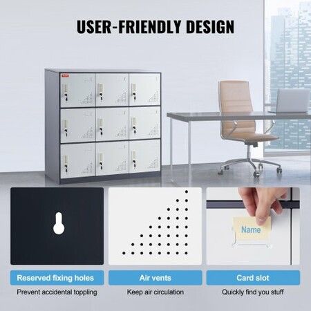 9 Doors Metal Storage Cabinet Employees Steel Storage Cabinet Office Gray