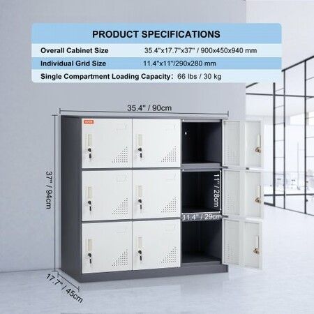 9 Doors Metal Storage Cabinet Employees Steel Storage Cabinet Office Gray