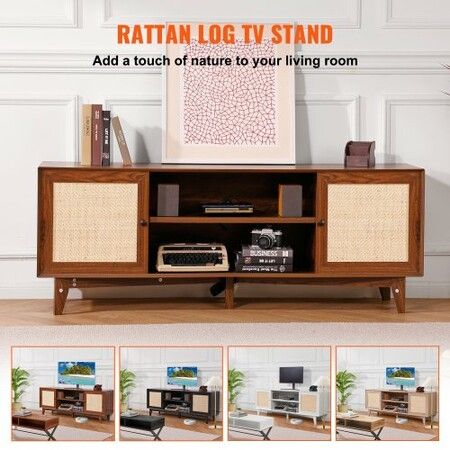 Rattan TV Stand for 75" TV Boho TV Stand with Build-in Socket Walnut