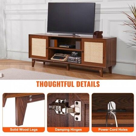 Rattan TV Stand for 75" TV Boho TV Stand with Build-in Socket Walnut