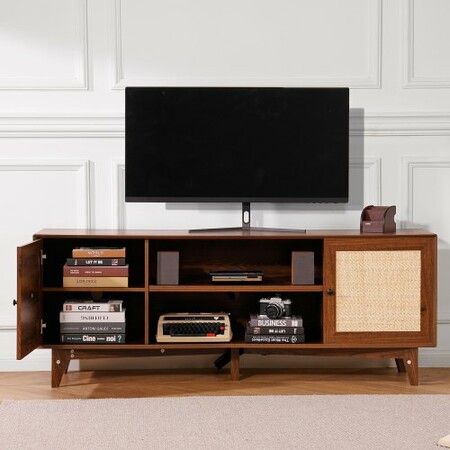 Rattan TV Stand for 75" TV Boho TV Stand with Build-in Socket Walnut