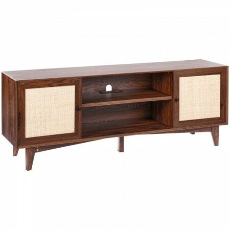 Rattan TV Stand for 75" TV Boho TV Stand with Build-in Socket Walnut