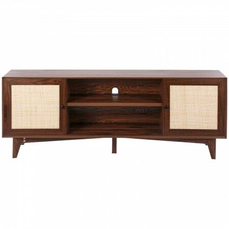 Rattan TV Stand for 75" TV Boho TV Stand with Build-in Socket Walnut