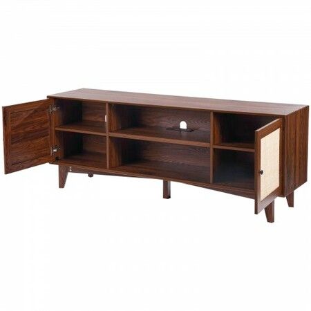 Rattan TV Stand for 75" TV Boho TV Stand with Build-in Socket Walnut