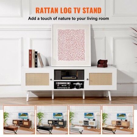 Rattan TV Stand for 65 inch TV, Boho TV Stand with Rattan Door, Entertainment Center with Build-in Socket and USB Ports, Modern TV Console for Living Room, Media Room, White