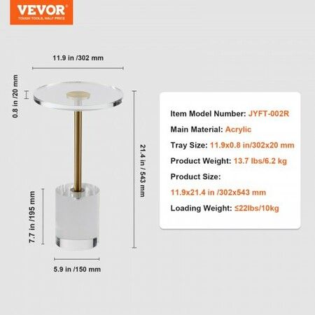 Clear Acrylic End Table, Acrylic Side Table with a Solid Base, 11.9 x 11.9 inch Round Tabletop, 21.4 inch High, for Coffee, Drink, Food, Snack used in Living Room, Bedroom, and Study