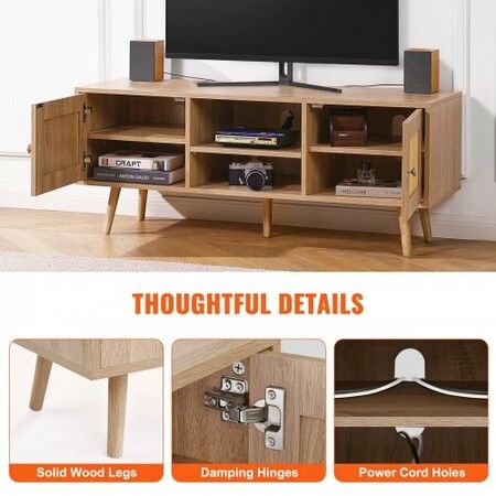 Rattan TV Stand, Boho TV Cabinet for 55 inch TV, Mid Century Modern TV Stand, Rattan TV Console with Adjustable Shelfs for  Living Room, Media Room, Oak