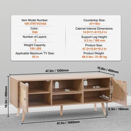 Rattan TV Stand, Boho TV Cabinet for 55 inch TV, Mid Century Modern TV Stand, Rattan TV Console with Adjustable Shelfs for  Living Room, Media Room, Oak