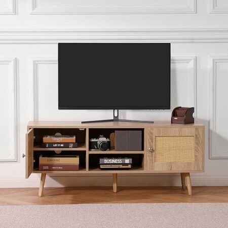 Rattan TV Stand, Boho TV Cabinet for 55 inch TV, Mid Century Modern TV Stand, Rattan TV Console with Adjustable Shelfs for  Living Room, Media Room, Oak