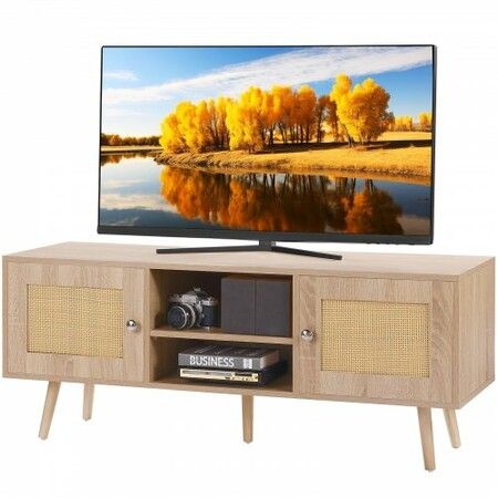 Rattan TV Stand, Boho TV Cabinet for 55 inch TV, Mid Century Modern TV Stand, Rattan TV Console with Adjustable Shelfs for  Living Room, Media Room, Oak