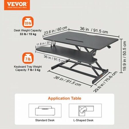 Standing Desk Converter, Two-Tier Stand up Desk Riser, 915 mm Large Sit to Stand Desk Converter, 140-510 mm Adjustable Height, for Monitor, Keyboard & Accessories Used in Home Office