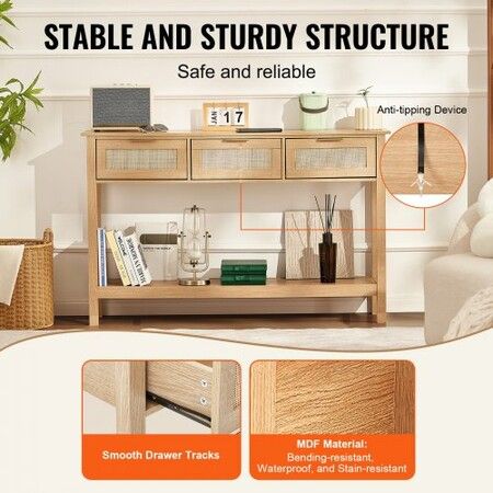 Rattan Console Table with 3 Storage Drawers Rattan Sliding Door Natural