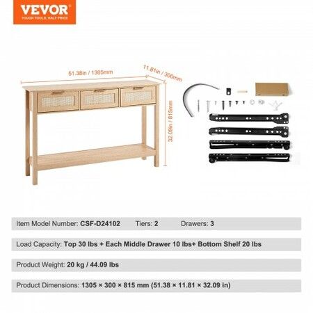 Rattan Console Table with 3 Storage Drawers Rattan Sliding Door Natural