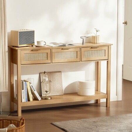 Rattan Console Table with 3 Storage Drawers Rattan Sliding Door Natural