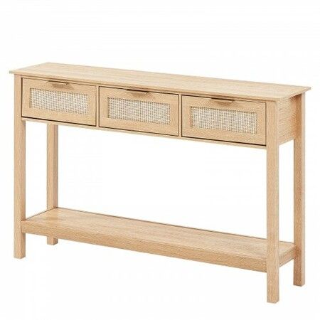 Rattan Console Table with 3 Storage Drawers Rattan Sliding Door Natural