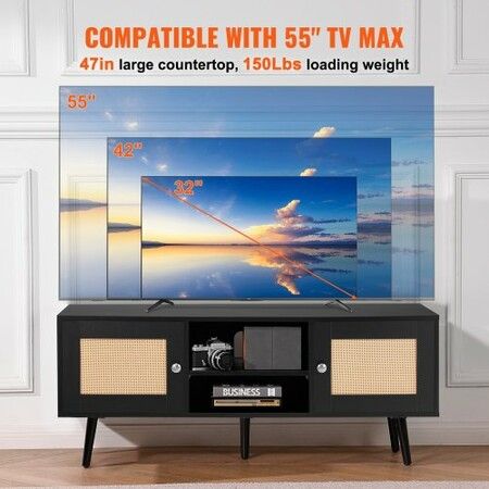 Rattan TV Stand, Boho TV Cabinet for 55 inch TV, Mid Century Modern TV Stand, Rattan TV Console with Adjustable Shelfs for  Living Room, Media Room, Black