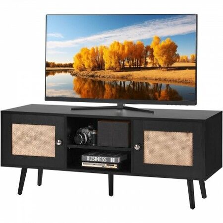 Rattan TV Stand, Boho TV Cabinet for 55 inch TV, Mid Century Modern TV Stand, Rattan TV Console with Adjustable Shelfs for  Living Room, Media Room, Black