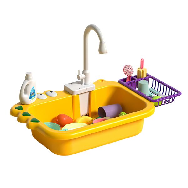 Kids Play Kitchen Sink Toys Game Set Food Utensils Wash Basin Faucet Tap Playset Pretend Role Electric Dishwasher Auto Water Circulation System