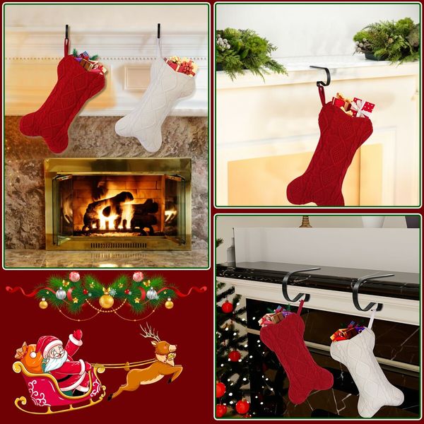 Dog Christmas Stocking with Mantle Holders,18" Large Bone Shaped Hanging Christmas Stocking for Dogs Cats Pets (Red)