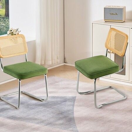 Rattan Chairs, Set of 2, Mid Century Modern Dining Chair, Upholstered Velvet Accent Chair with Rattan Back, Retro Dining Room Kitchen Chair for Living Room, Bedroom, Reading Room, Office, Green