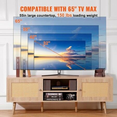 Rattan TV Stand, Mid Century Modern TV Stand for 65 inch TV, Boho Rattan TV Cabinet with Build-in Socket and USB Ports, Adjustable Shelfs for Living Room, Media Room, Oak