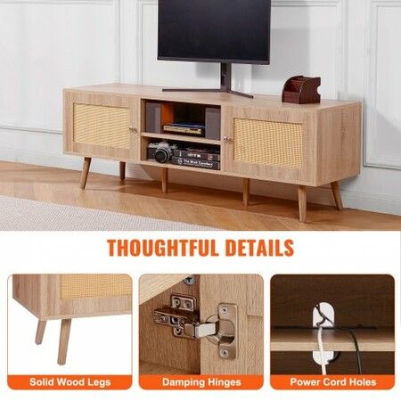 Rattan TV Stand, Mid Century Modern TV Stand for 65 inch TV, Boho Rattan TV Cabinet with Build-in Socket and USB Ports, Adjustable Shelfs for Living Room, Media Room, Oak