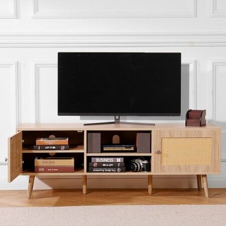 Rattan TV Stand, Mid Century Modern TV Stand for 65 inch TV, Boho Rattan TV Cabinet with Build-in Socket and USB Ports, Adjustable Shelfs for Living Room, Media Room, Oak