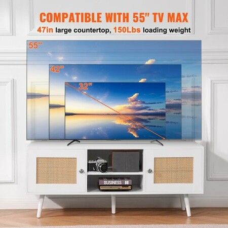 Rattan TV Stand, Boho TV Cabinet for 55 inch TV, Mid Century Modern TV Stand, Rattan TV Console with Adjustable Shelfs for  Living Room, Media Room, White