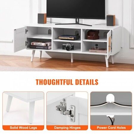 Rattan TV Stand, Boho TV Cabinet for 55 inch TV, Mid Century Modern TV Stand, Rattan TV Console with Adjustable Shelfs for  Living Room, Media Room, White