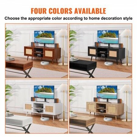 Rattan TV Stand, Boho TV Cabinet for 55 inch TV, Mid Century Modern TV Stand, Rattan TV Console with Adjustable Shelfs for  Living Room, Media Room, White