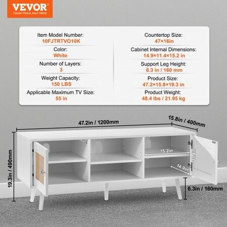 Rattan TV Stand, Boho TV Cabinet for 55 inch TV, Mid Century Modern TV Stand, Rattan TV Console with Adjustable Shelfs for  Living Room, Media Room, White