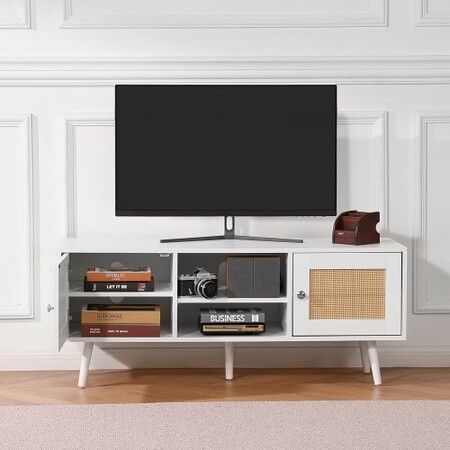 Rattan TV Stand, Boho TV Cabinet for 55 inch TV, Mid Century Modern TV Stand, Rattan TV Console with Adjustable Shelfs for  Living Room, Media Room, White