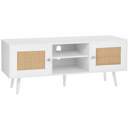 Rattan TV Stand, Boho TV Cabinet for 55 inch TV, Mid Century Modern TV Stand, Rattan TV Console with Adjustable Shelfs for  Living Room, Media Room, White