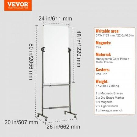 Rolling Magnetic Whiteboard Double-sided Mobile Whiteboard 24 x 48 inch